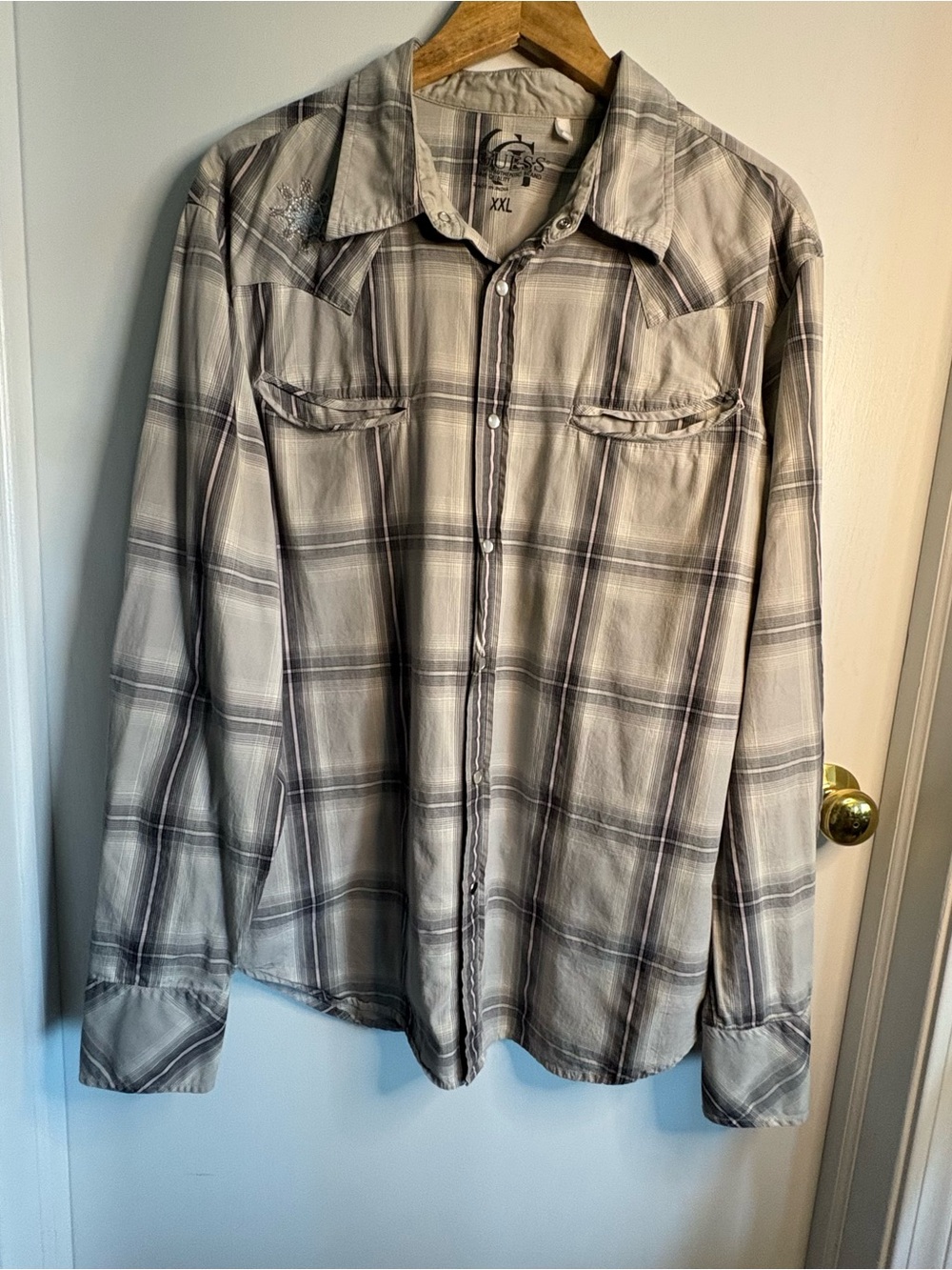 Guess Vintage Men’s Sz XXL Plaid Pearl Snap Western Cotton Shirt Embroidery Y2K